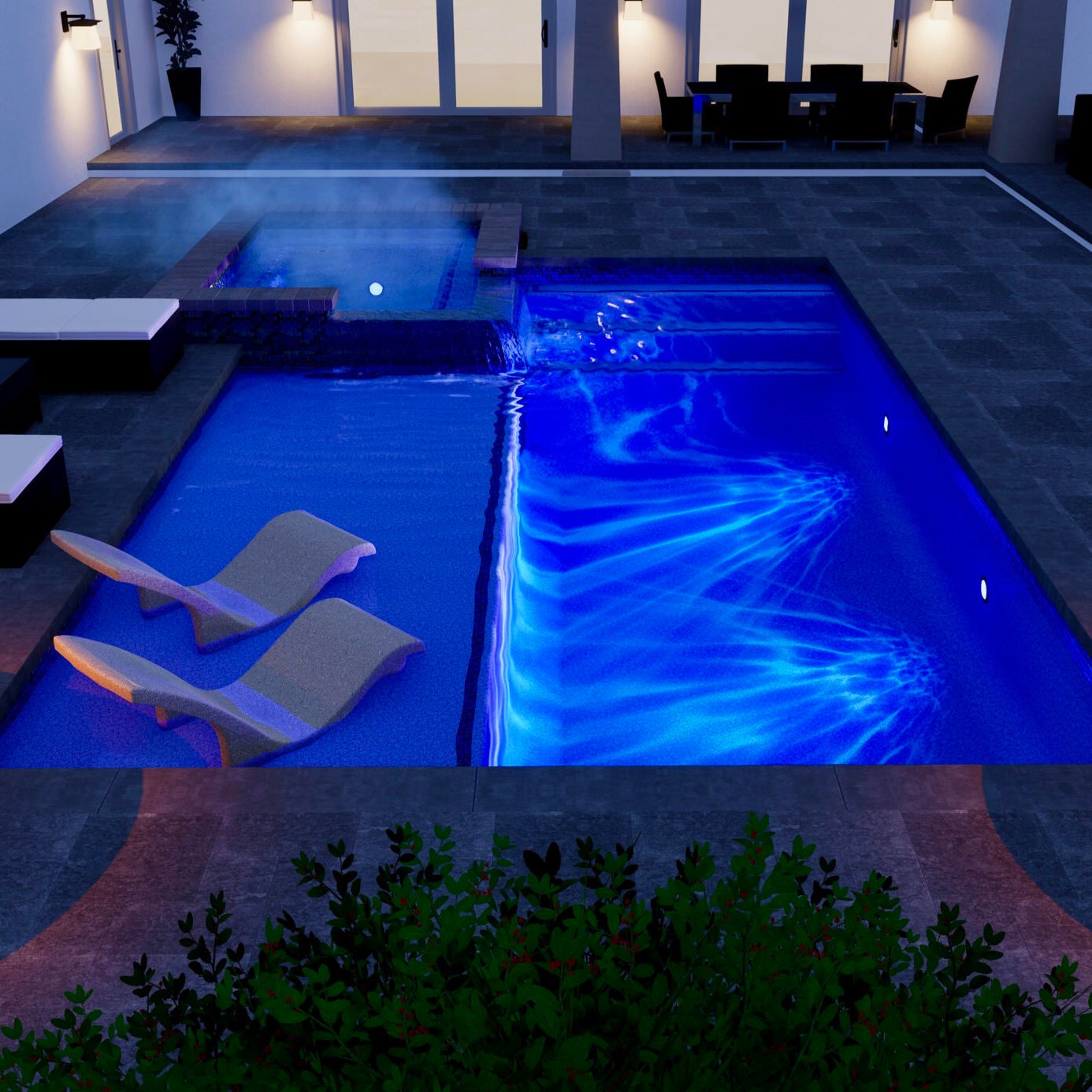 GRACO 3D Pool Render 3D Rendering of a concrete swimming pool at night time for a client in Lithia, FL.