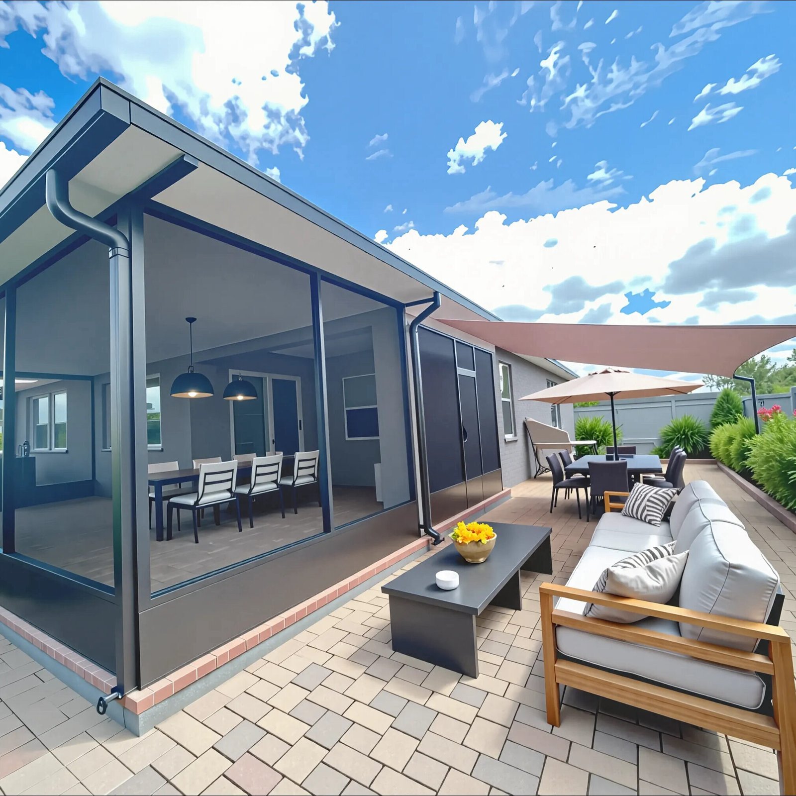 GRACO Paver Patio with Screen Room and Shade Furnished Ruskin GRACO Paver Patio with Screen Room and Shade Furnished Ruskin